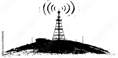 Monochrome stencil illustration of transmission antenna on hill for design and print