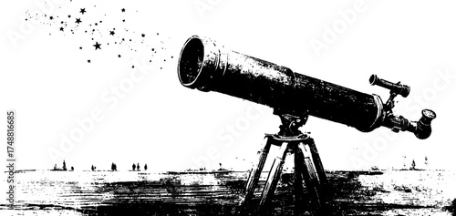 Celestial vintage telescope stencil art - black and white astronomical design for space enthusiasts