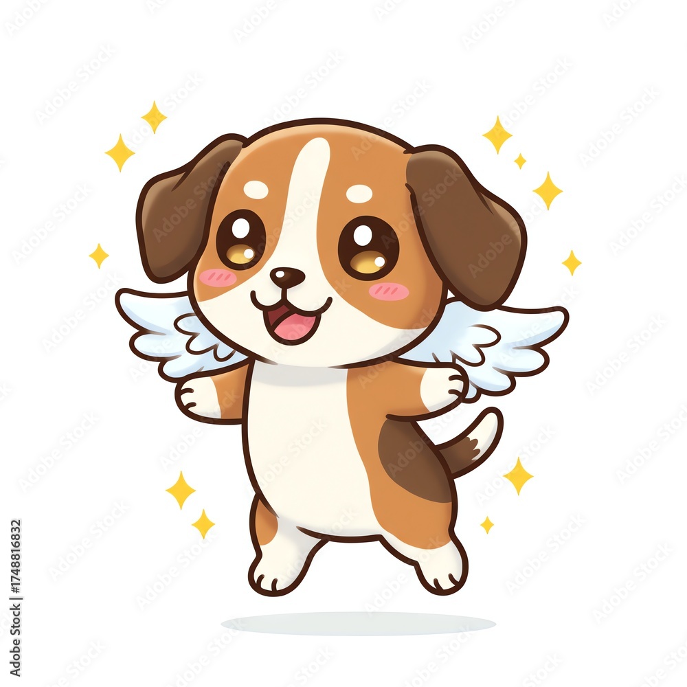 Obraz premium Cartoon angel dog with wings and stars