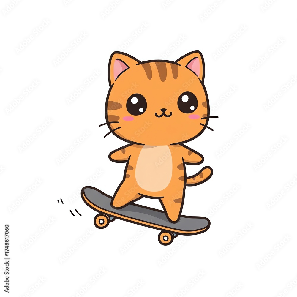 Obraz premium Cartoon orange tabby cat riding a skateboard