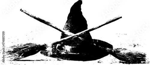 Vintage witch hat and broomsticks stencil design for halloween decor or print