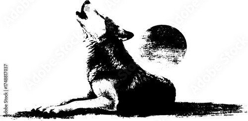Black and white stencil of a wolf howling at the moon