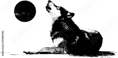 Monochrome stencil illustration of howling wolf under celestial body for artistic design