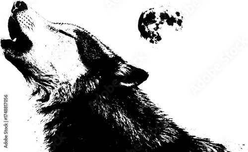 Celestial wolf howling at the moon - monochrome stencil art for posters and prints
