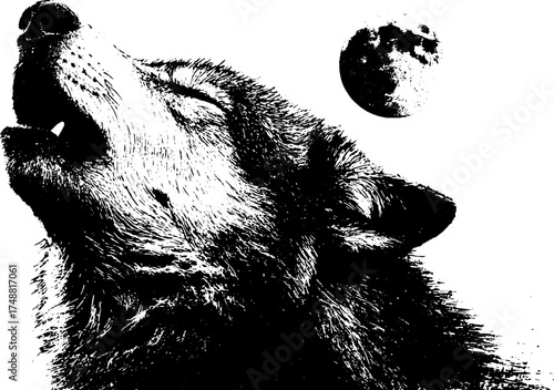 Celestial wolf howling silhouette with moon - tribal-inspired black and white design for posters and nature themes