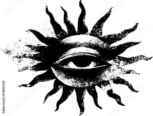 Mystical all seeing eye sun stencil art with grunge texture for creative design