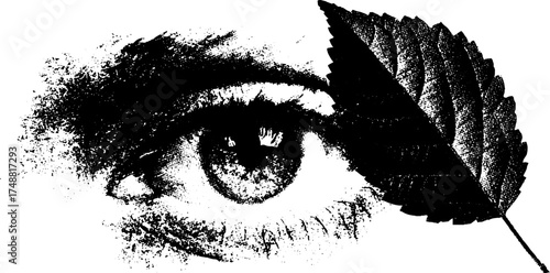 Mystical all seeing eye with leaf motif in black and white stencil design