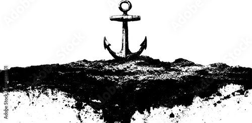 Black and white anchor stencil illustration half buried in soil texture