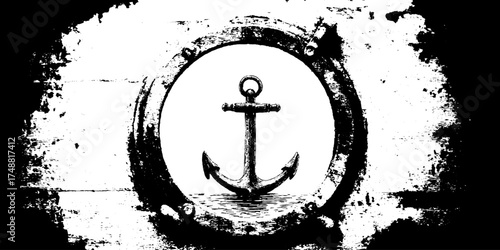 Nautical anchor silhouette through porthole stencil - vintage marine design