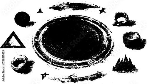 Ancient alchemy symbols in black and white stencil design with grunge texture for mystical art projects