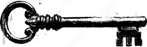 Vintage silhouette of an ancient key in black and white stencil design for retro decor