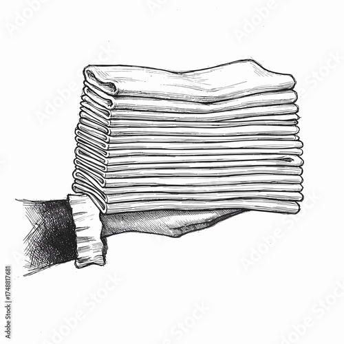 A stack of clean pillowcases in a maid's hand. A depiction of a housekeeping routine. Engraving, sketch style. Black and white vector illustration on a white background.

