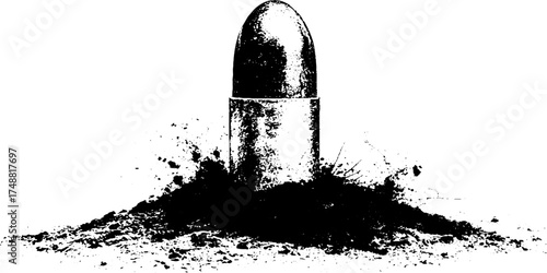 Black and white stencil illustration of an empty bullet shell with grunge texture for artistic designs