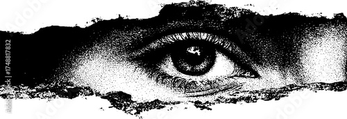Mysterious eye gazing through torn paper - black and white stencil illustration for artistic design