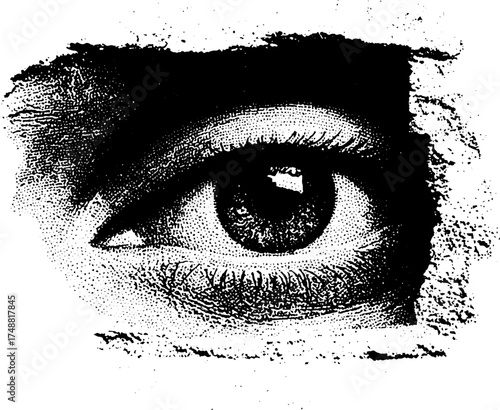 Intricate black and white eye stencil art with textured grunge effect for design