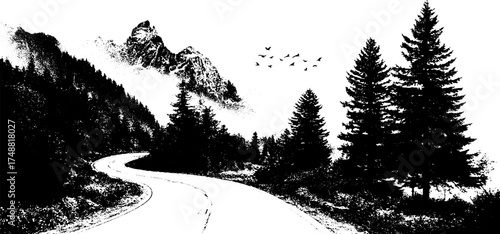 Black and white stencil illustration of a mountain scene with forest and birds