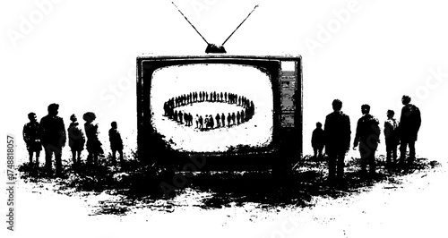 Vintage tv silhouette with viewer crowd and retro screen display for urban art design