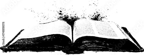 Vintage black and white stencil illustration of an open prayer book for spiritual design