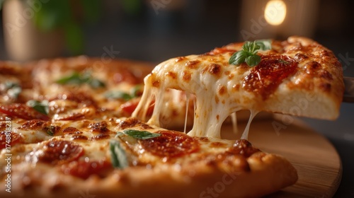 Delicious Fresh Pizza Slice Being Pulled Away with Melted Cheese and Tasty Toppings