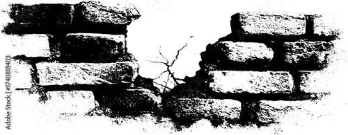 Black and white stencil of cracked brick wall with glowing effect for urban art design