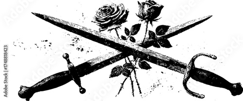 Vintage black and white stencil art of crossed daggers with roses for print or poster design