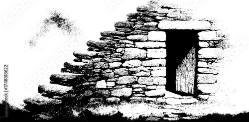 Ancient stone ruins with mysterious mist in black and white stencil design
