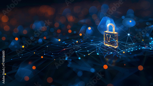 Cybersecurity concept, glowing digital lock over dark mesh grid
