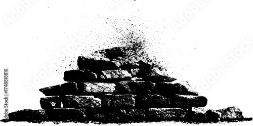 Black and white stencil art of scattered debris with textured spray effect for urban design