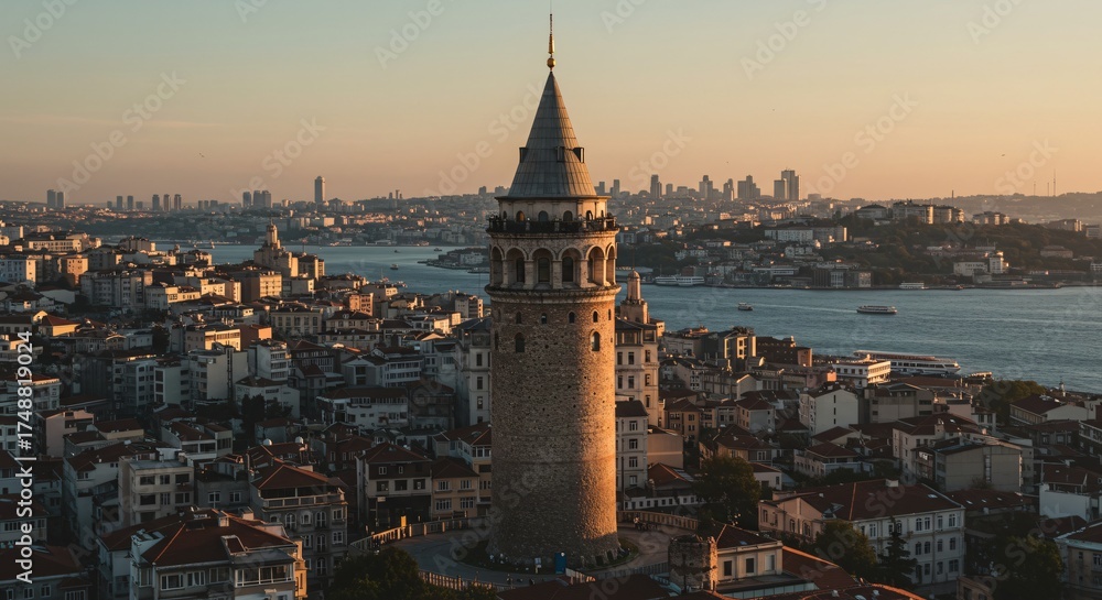 Obraz premium Galata Tower Istanbul Sunset View Historic Landmark Turkey Travel Photography Golden Hour