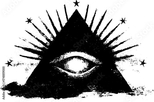 Mystical philosophers stone pyramid symbol with eye and stars in black and white stencil design