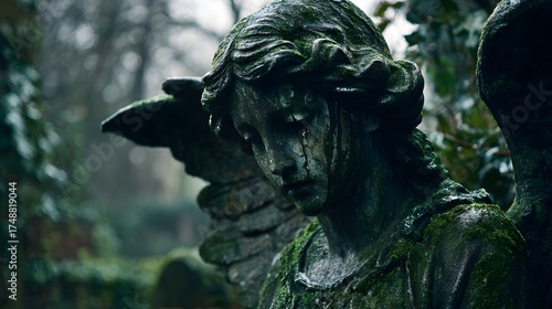 Angel statue cemetery art: weeping angel sculpture, moss covered gravestone memorial art