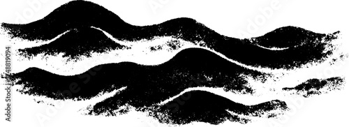 Boho linocut desert landscape with wavy black and white lines and abstract flowing texture.
