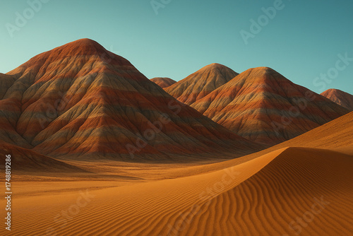 Surreal painted desert hills and golden sand
