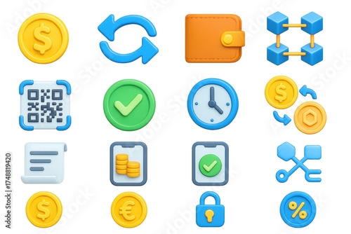 3D Crypto Icon Set. Basic token transfer set of icons in 3D color style: coin icon, transfer arrows, wallet icon, blockchain symbol, QR code scan,