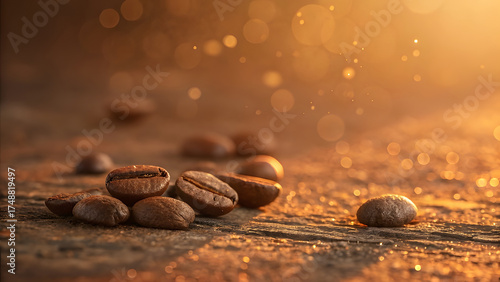 Warm sunlight illuminates roasted coffee beans on a textured surface