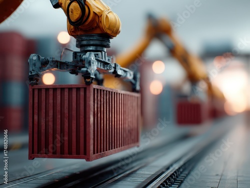 Robotic arm lifting a red c...
