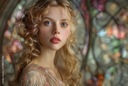 Blonde woman with curly hair and blue eyes gazes into the camera, set against a colorful, intricate stained glass background. She wears a floral dress that complements her soft expression