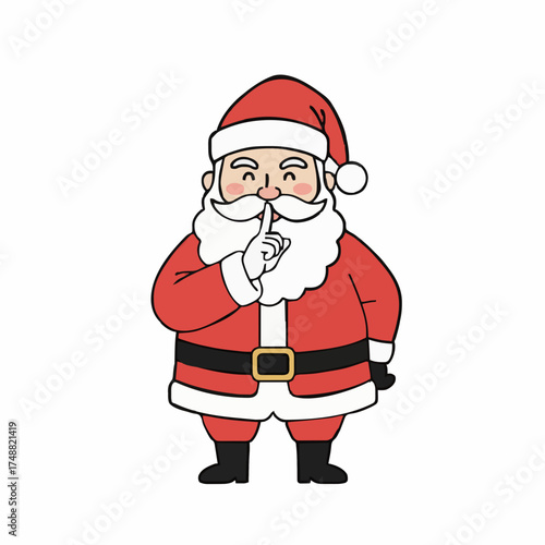 Santa Claus putting a finger to his lips (shhh pose), minimalist flat vector art, white background