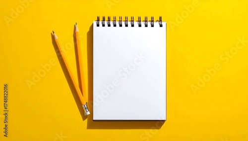 A spiral-bound notebook with yellow pencils sits on a bright yellow surface, showcasing a clean and simple composition.