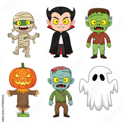 Cute halloween characters collection with mummy vampire zombie pumpkin and ghost
