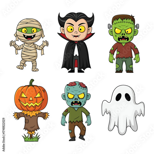Cute halloween characters collection with mummy vampire zombie pumpkin and ghost