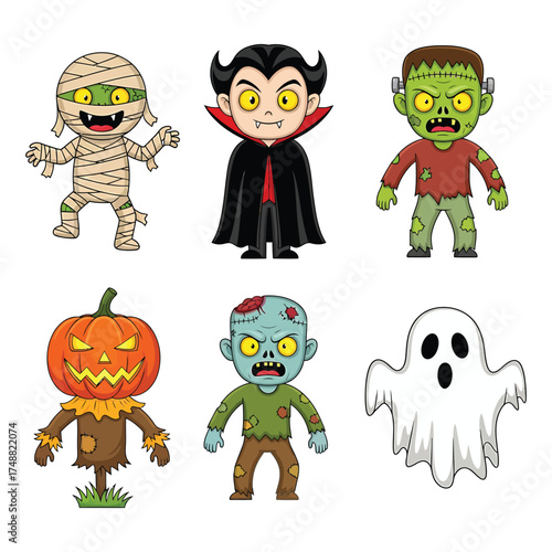 Cute halloween characters collection with mummy vampire zombie pumpkin and ghost