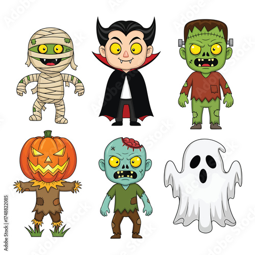 Cute halloween characters collection with mummy vampire zombie pumpkin and ghost