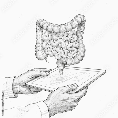 Intestine engraving — 3D model floating above tablet in doctor’s hands, medical sketch on white background