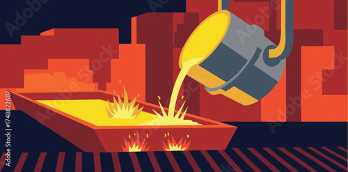 Molten gold pouring into a mold within a modern industrial factory setting, illustrating the intense metallurgical process of metal casting with vibrant sparks and glowing heat