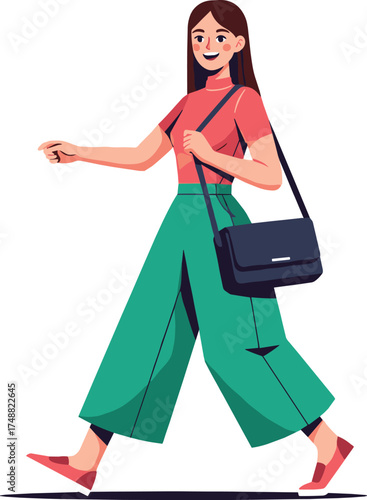A cheerful woman strides confidently, carrying a bag, perfect for travel and everyday life