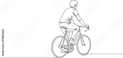Dynamic continuous line drawing of a person actively cycling, illustrating health, movement, and an active lifestyle, perfect for modern sports, fitness, or outdoor activity designs