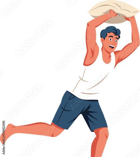 Enthusiastic Man Having a Pillow Fight, Cartoon Illustration