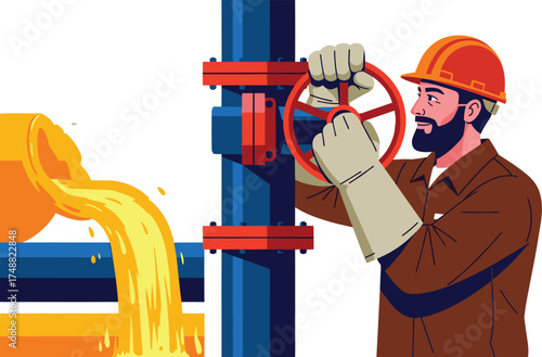 Skilled laborer with safety gear adjusting a pipeline valve during a hot metal pour at a foundry production line