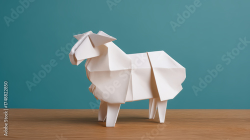 A white origami sheep stands on a wooden surface against a blue backdrop, showcasing intricate folds and clean lines.